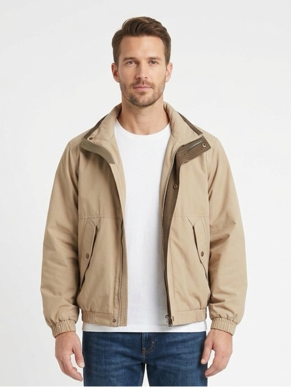 PACIFIC TRAIL Vintage Bomber Jacket Tan Zip Snap Zip Front Hood L Large EUC lcsr